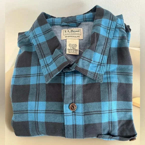 LL Bean Navy Blue Plaid Twill Button Shirt Traditional Fit L - Picture 10 of 11